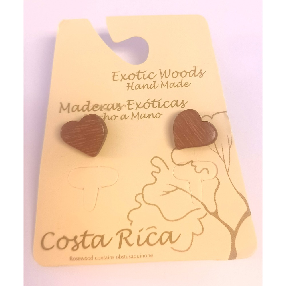 Costa Rica Exotic Woods Hand Made Wooden Heart Stud Earrings Rosewood Natural
